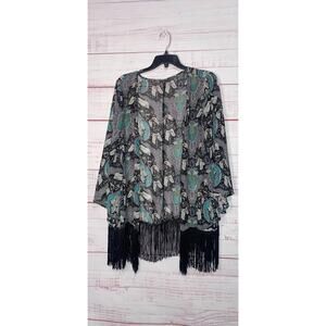 Blue & Black Paisley Fringe Trimmed Kimono Top